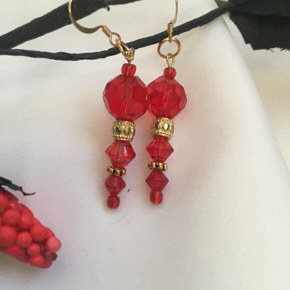 Ruby Red Gold Beaded Earrings - Picture 2 of 4